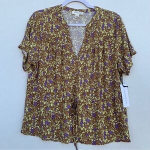 Treasure & Bond Women’s Floral Drawstring Waist Top Size S | V Neck Brown/ Multi